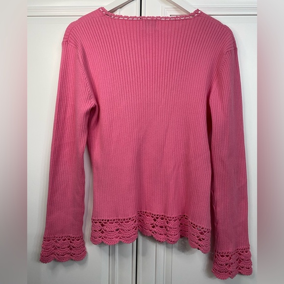 Cleo Women’s Size Large Pink Cardigan V Neck Crochet Hem Cuffs Ribbed - Picture 10 of 12